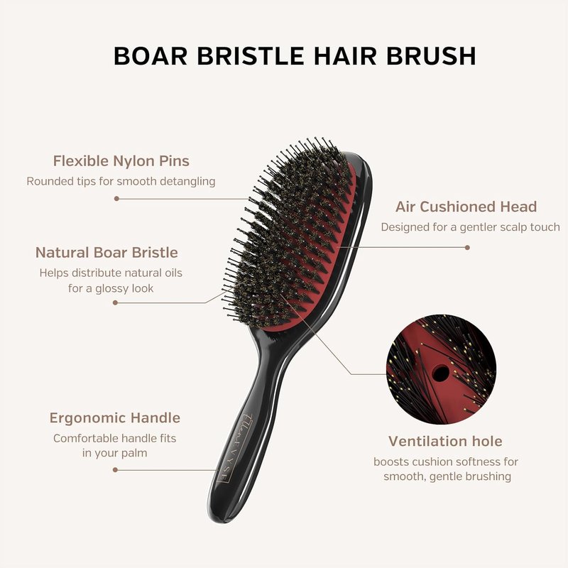 Boar Bristle Hair Brush - Smoothing & Detangling Tool for Men & Women | Nylon Pins, Reduces Breakage & Enhances Shine