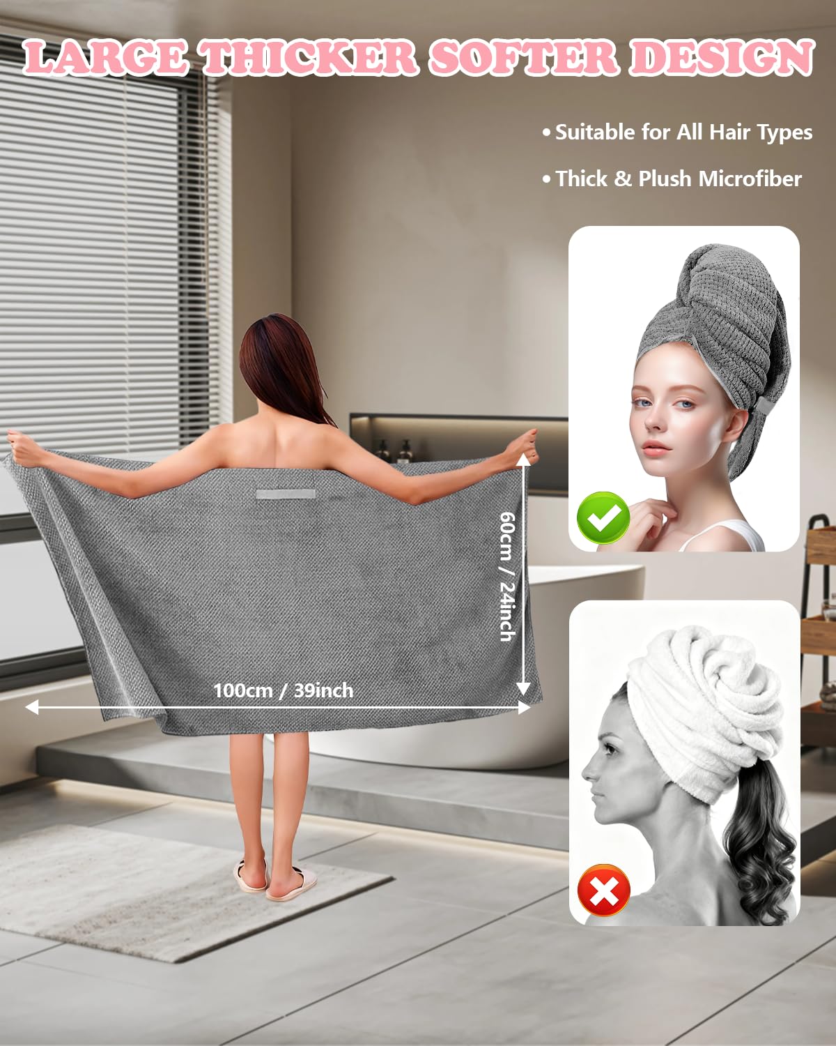 FUFUSING 2-Pack Microfiber Hair Towel - 39" x 24" Super Absorbent, Fast Drying Hair Towel Wrap for Women Long, Curly Hair - Turbans with Elastic Strap for Morning Routine & Makeup