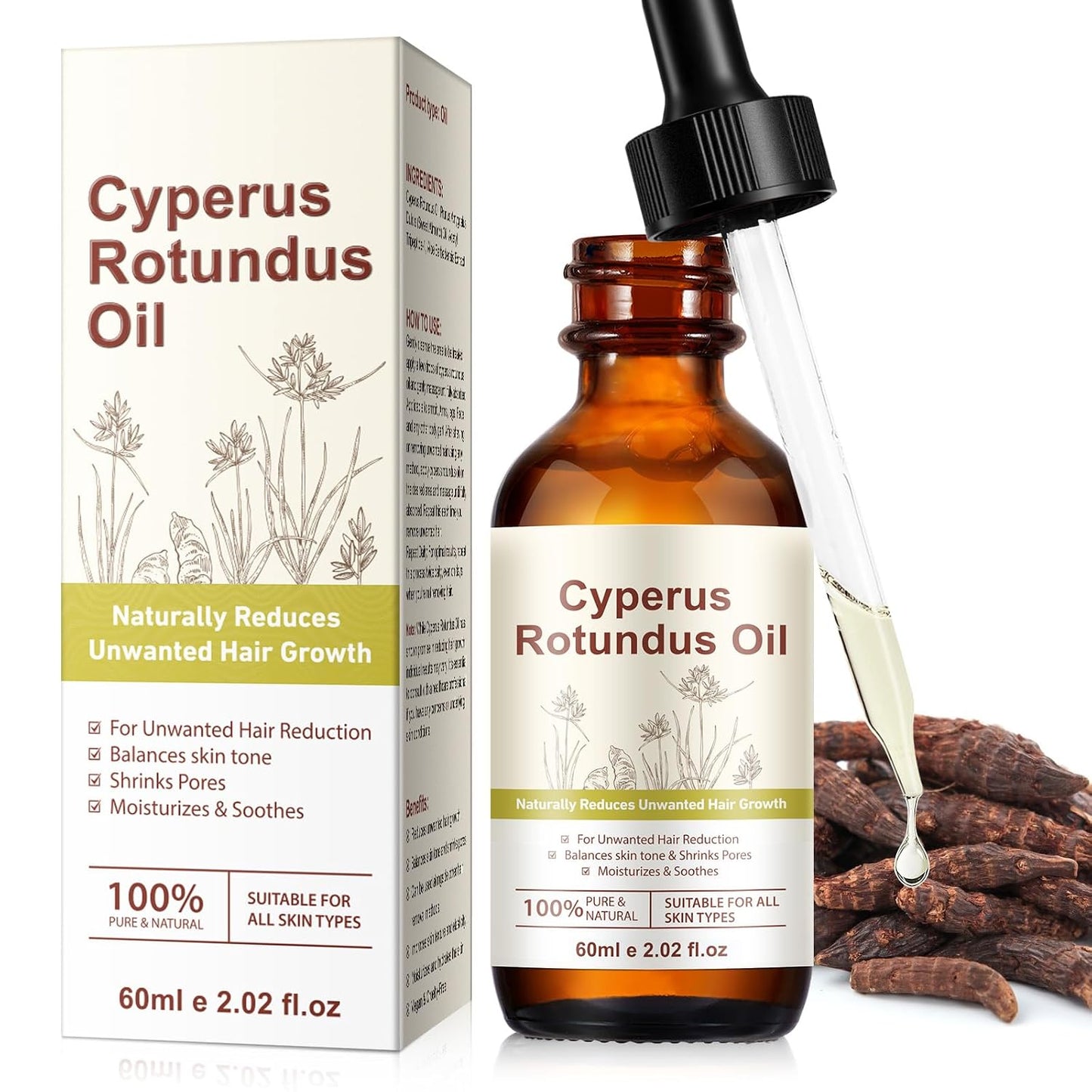 Cyperus Rotundus Oil - Hair Removal & Unwanted Hair Growth Reduction | Moisturizes & Soothes Skin (2.02 Fl Oz)