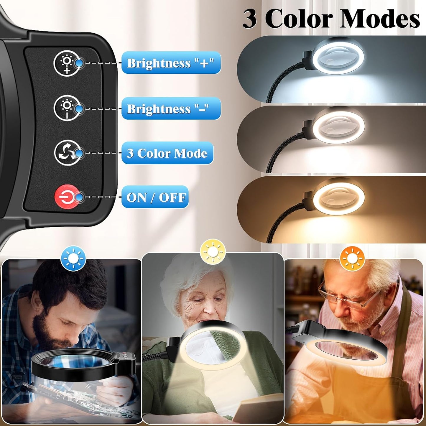 30X 10X Magnifying Glass with Light - 72 LED, Dimmable, Hands-Free Desk Lamp for Crafts | Square Design