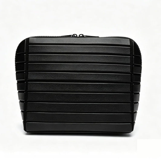Parallel Traveler Makeup Bag, Large Capacity PVC Toiletry Case, Fold Down Cosmetic Bag with Brush Holder, Water-Resistant & Portable Makeup Bag for Women (Black, Medium)