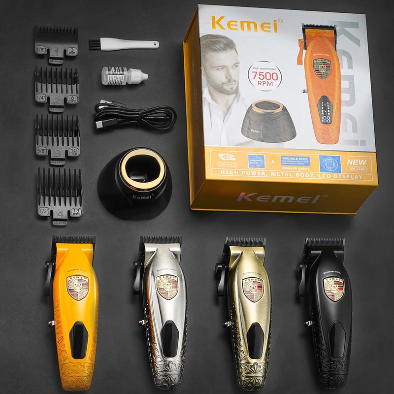 KEMEI Hair Clippers for Men Professional, Barber Clippers for Hair Cutting & Grooming, Cordless Beard Trimmer with Charging Base LED Display KM-2230 Silver