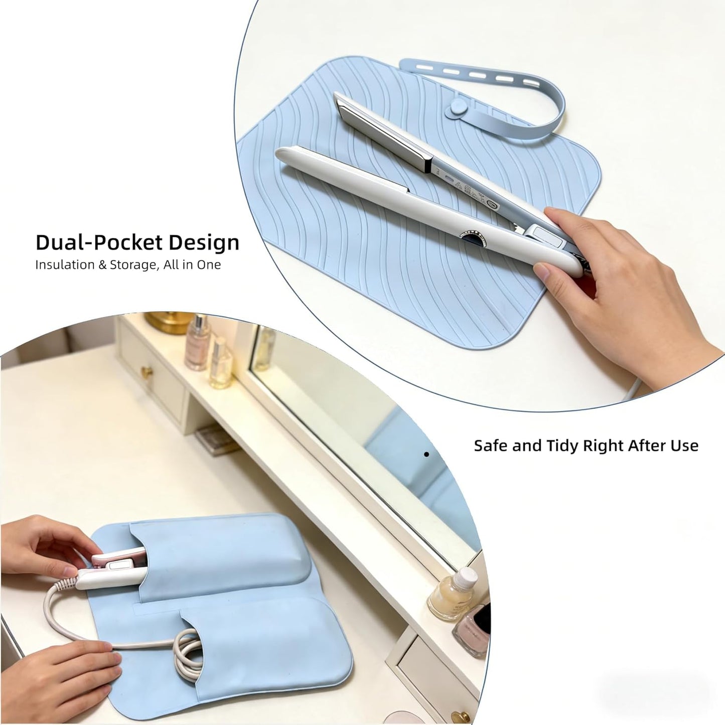 Silicone Heat Resistant Mat Pouch - 2 in 1 Portable Travel Storage Bag for Curling Iron & Hair Tools | Blue