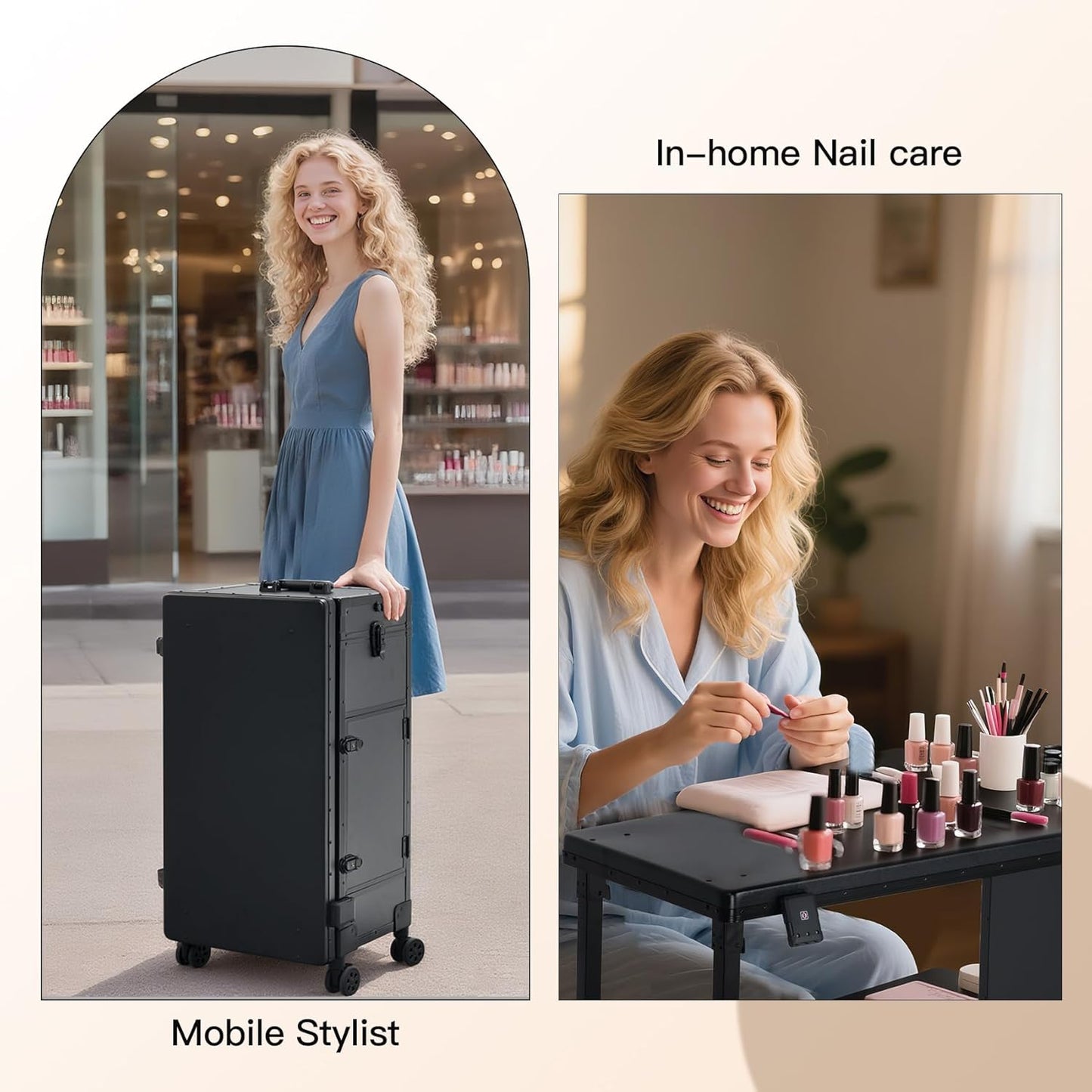 Portable Nail Desk - Foldable Manicure Table with 3 Drawers & Mirror | Mobile Nail Tech Workstation with Wheels, Black