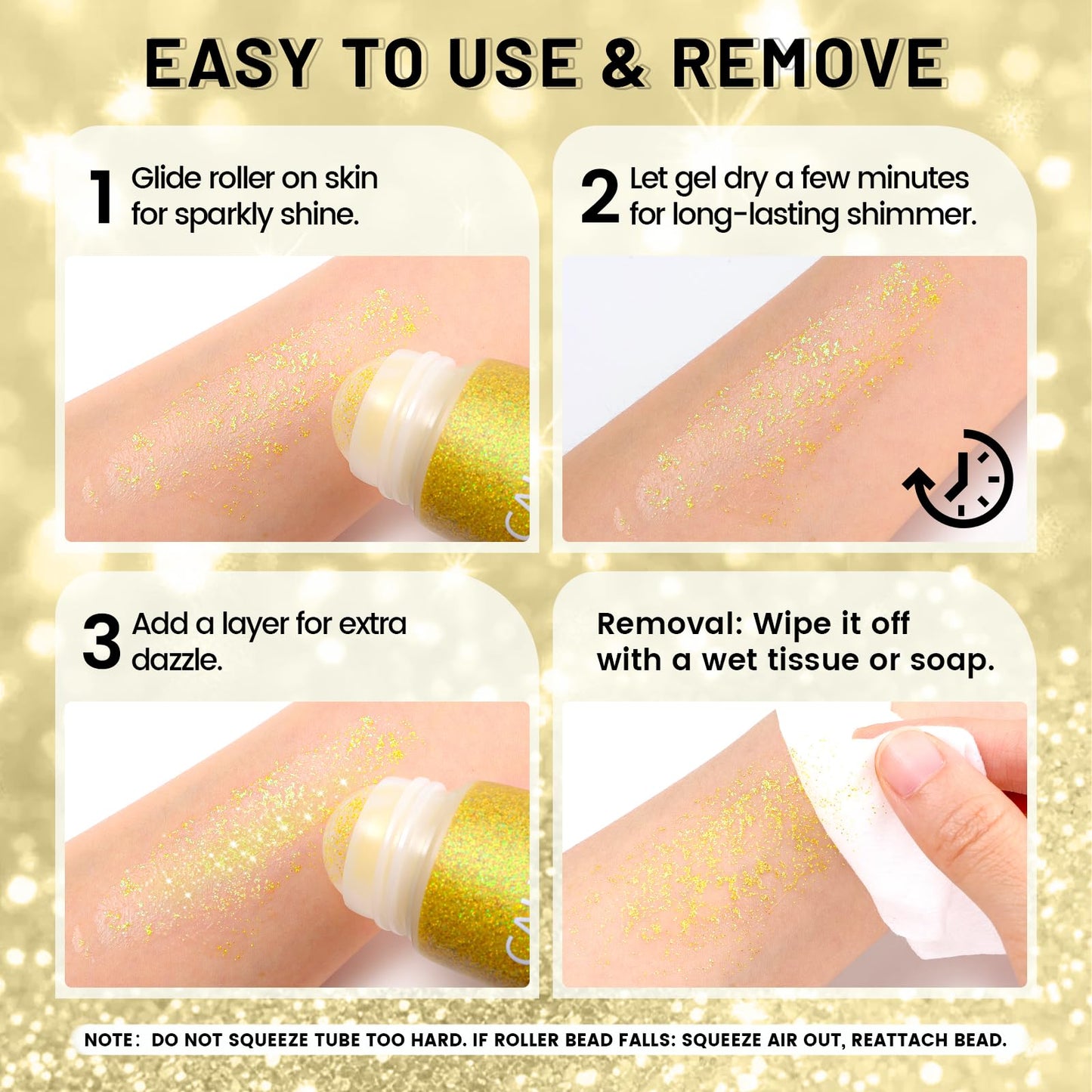 CAHOTO Gold Rolling Glitter, Shimmer Gel for Face Body & Hair, Sparkling Holographic Roll-on Sequins for Singer Concert Rave Festival Halloween Party Carnival, 1.7 fl.oz.