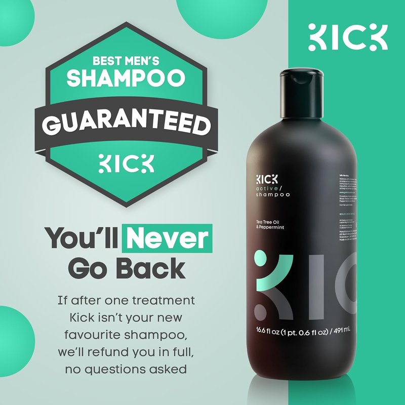 Kick Men's Shampoo - Peppermint & Tea Tree Oil Control - Sulfate-Free, Anti-Dandruff Formula | 16.6oz