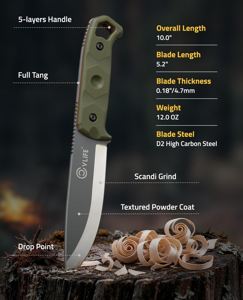 CVLIFE Fixed Blade Knife with Sheath, 5.2" D2 Steel Full Tang Survival Bushcraft Knife, Scandi Grind, 5-Layer Handle with G10 Liners, Heavy Duty Hunting Camping Knives for Men, Green