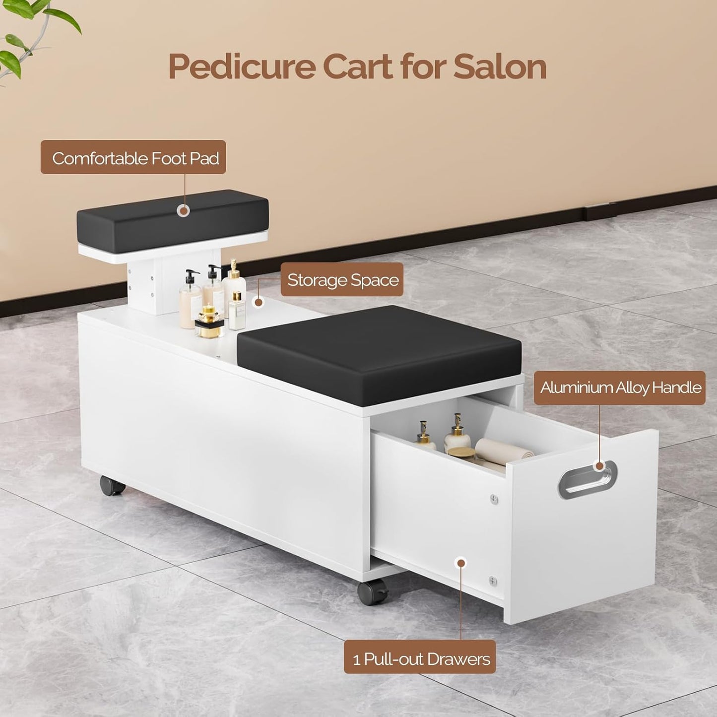 Pedicure Cart - OmySalon Foot Bath Trolley with Storage Drawer & Foot Rest | White Spa Chair with Locking Wheels