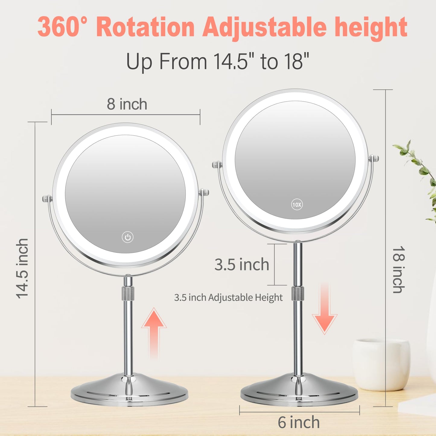 KuMers Lighted Makeup Mirror with Magnification, 10X 8’’Rechargeable Double Sided Vanity Mirror with Lights Magnifying Makeup Mirror with 3 Color Light with 360° Rotation, Detachable Base