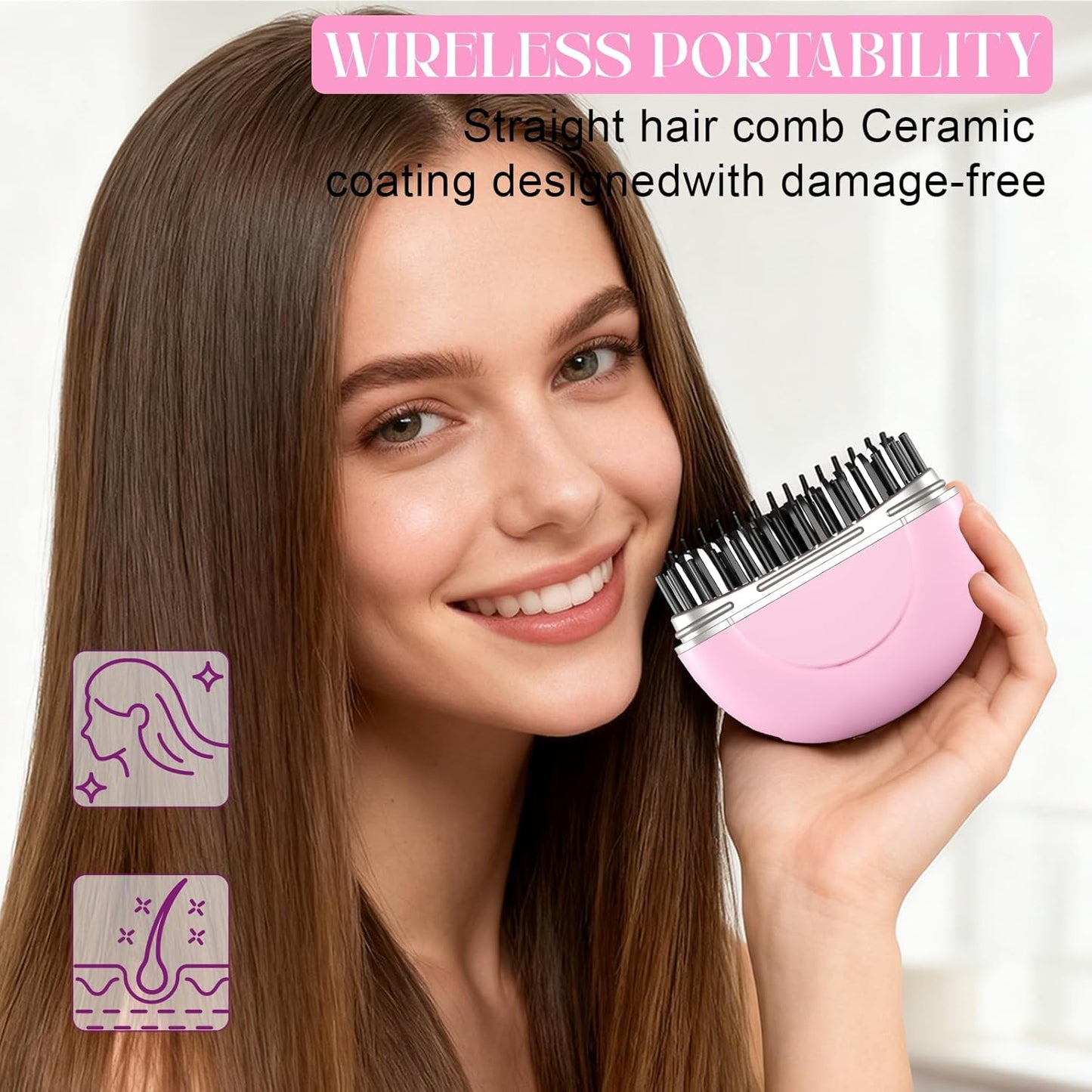 Mini Hair Straightener Brush - Rechargeable Portable Hot Comb with 3-Speed Temperature Control | Travel-Friendly Pink Design
