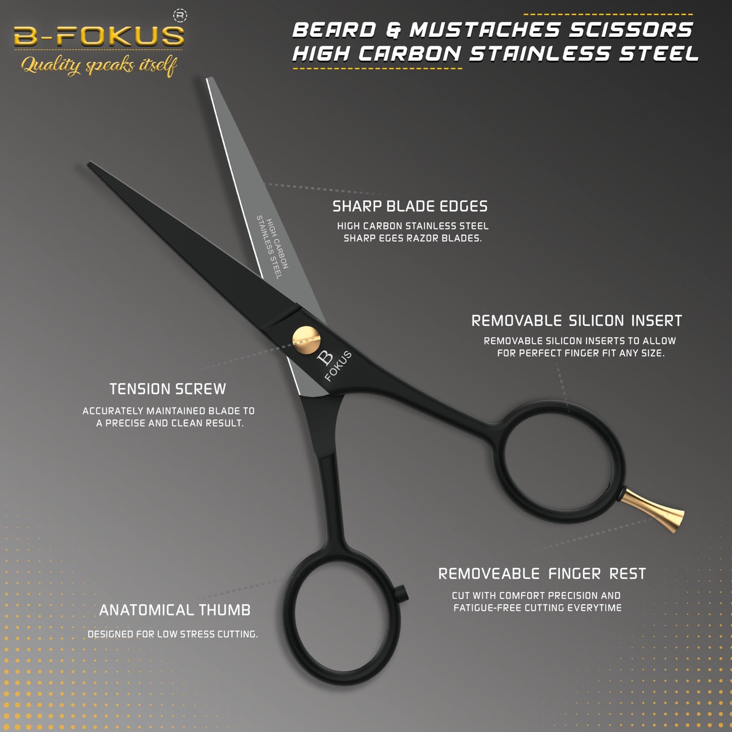 5" Premium Beard Mustache Scissors, Black High Carbon Stainless Steel Beard Scissors with 1 Beard Comb, 1 Mustache Comb, 2 Stickers and Tarvel Pouch. Beard Trimming Scissors for All Facial Hair