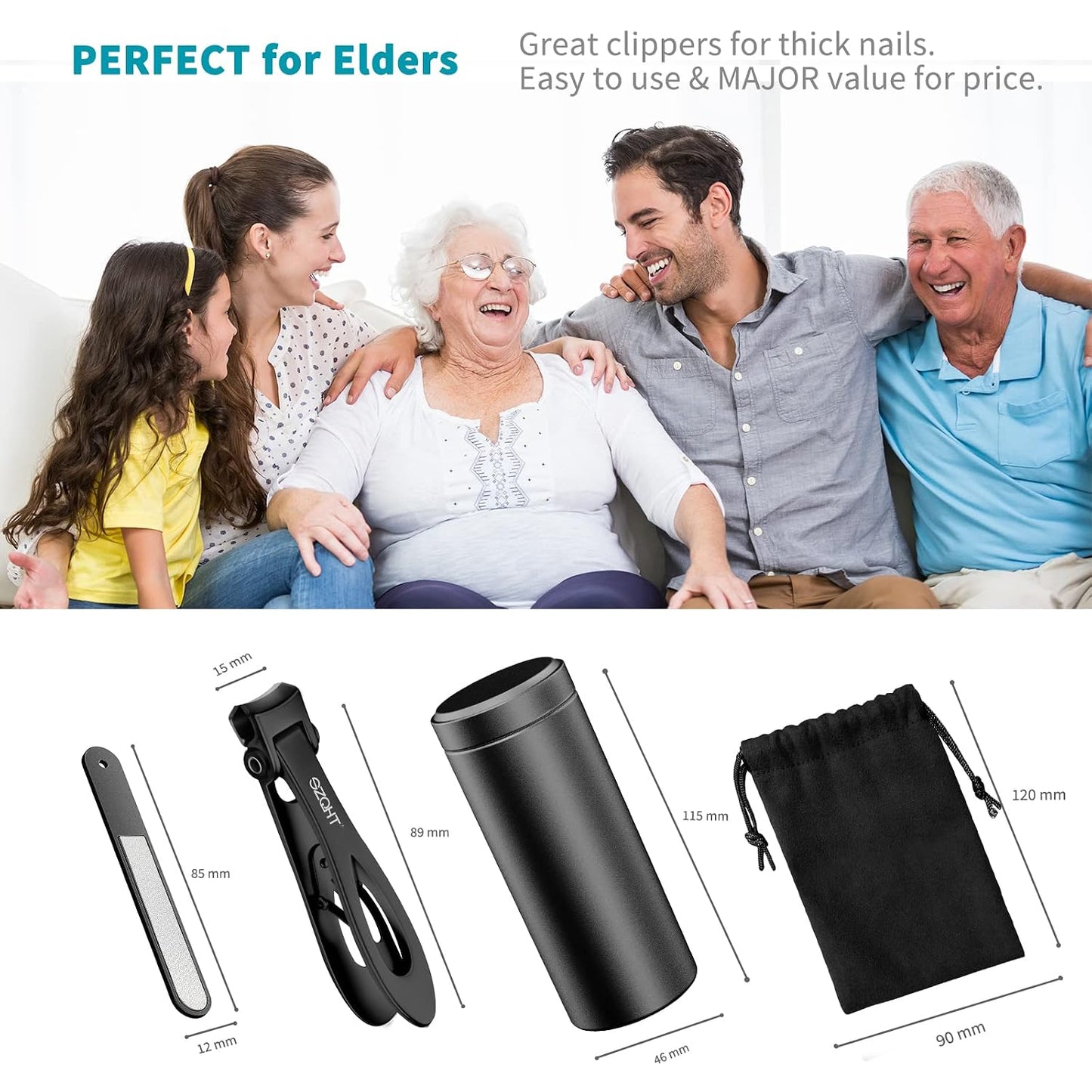 Ultra Wide Jaw Nail Clippers Set - Heavy Duty Stainless Steel Toenail Clippers for Thick Nails | Ideal for Seniors & Adults (Black)