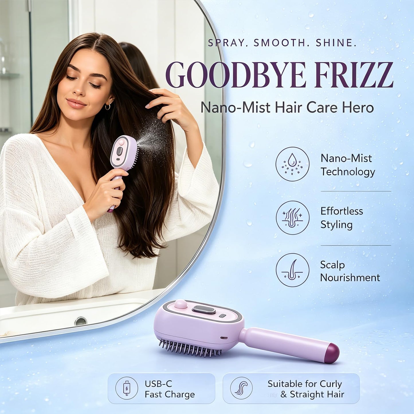 Electric Spray Air Cushion Massage Comb, Rechargeable Self-Cleaning Anti-Static Detangling Hair Brush, Misting Hair Tool for Dry Frizzy Damaged Hair Reduce Frizz Nourishes Hairs (Purple)