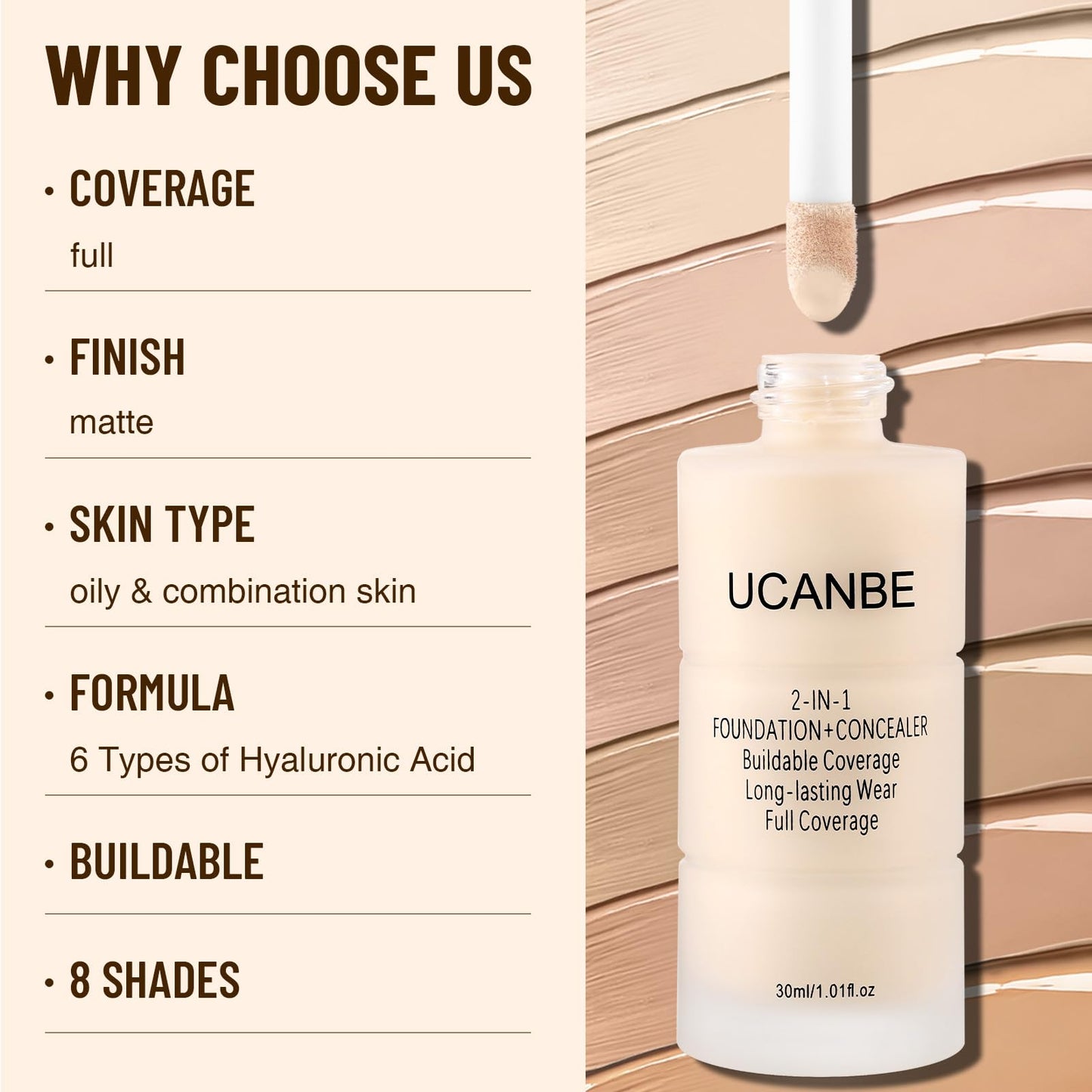 UCANBE 2-in-1 Liquid Foundation & Concealer, Full Coverage Foundation Makeup Set for Combination & Oily Skin, Hydrating Formula with Hyaluronic Acid, Vitamin C (02 Classic Ivory)
