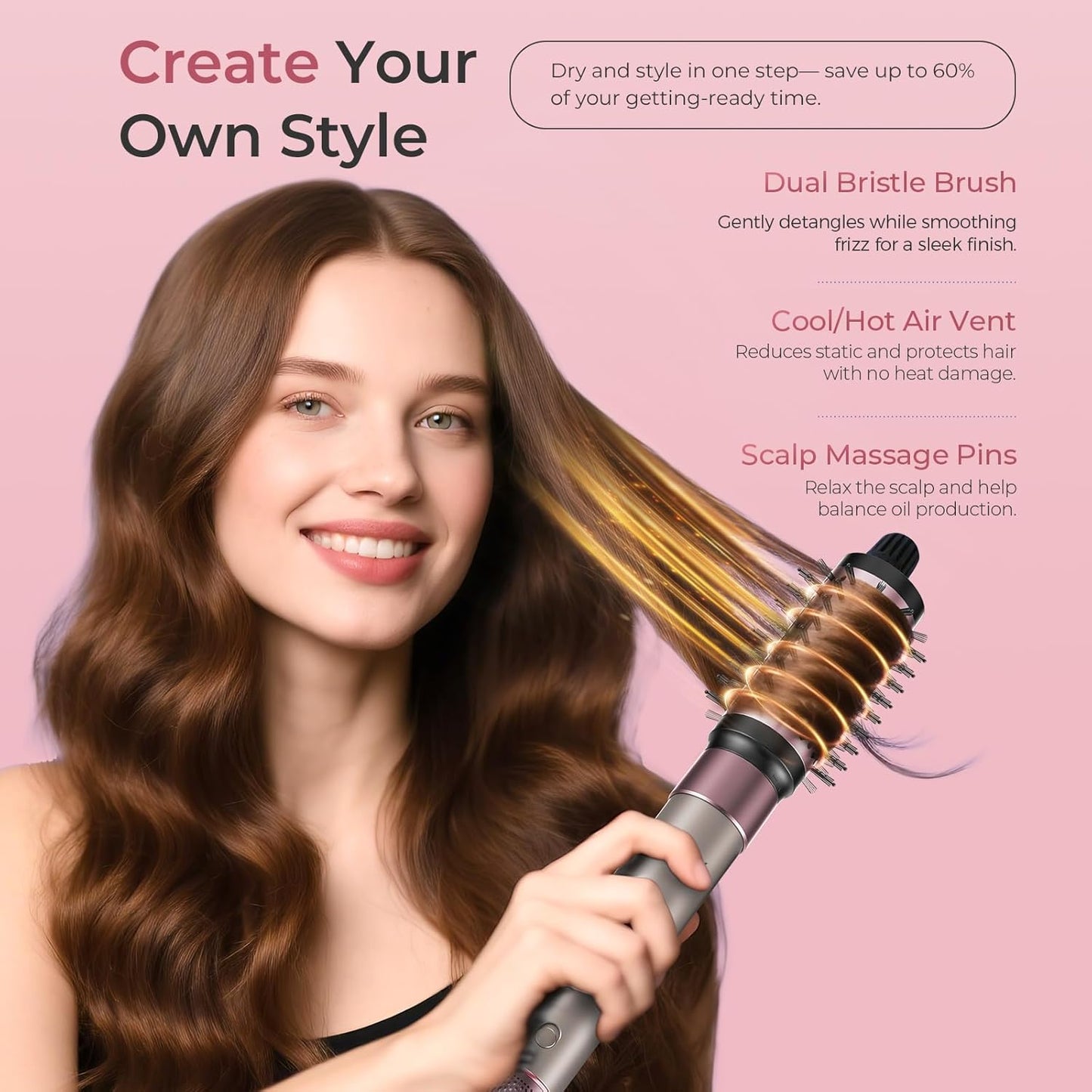 Vincofy 7-in-1 Hair Dryer Brush - Fast Drying, Curling & Volumizing | 1500W Motor, Pink