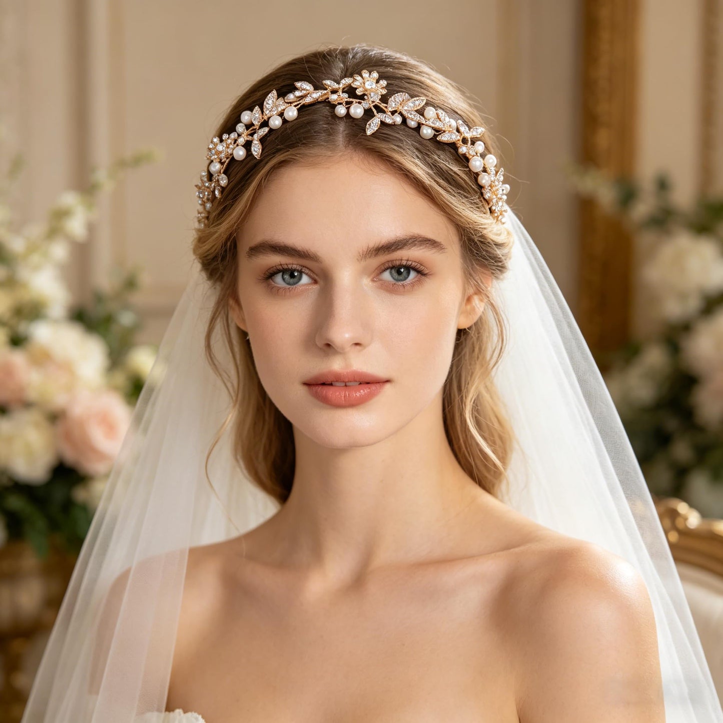 Gold Leaves & 9-Petal Crystal Flowers Pearls Bridal Hair Vine, 12.7" Handmade Wedding Headpiece, Flexible Bridal Headband with 19.5" Satin Ribbon for Bride Bridesmaid Prom Pageant Formal Events