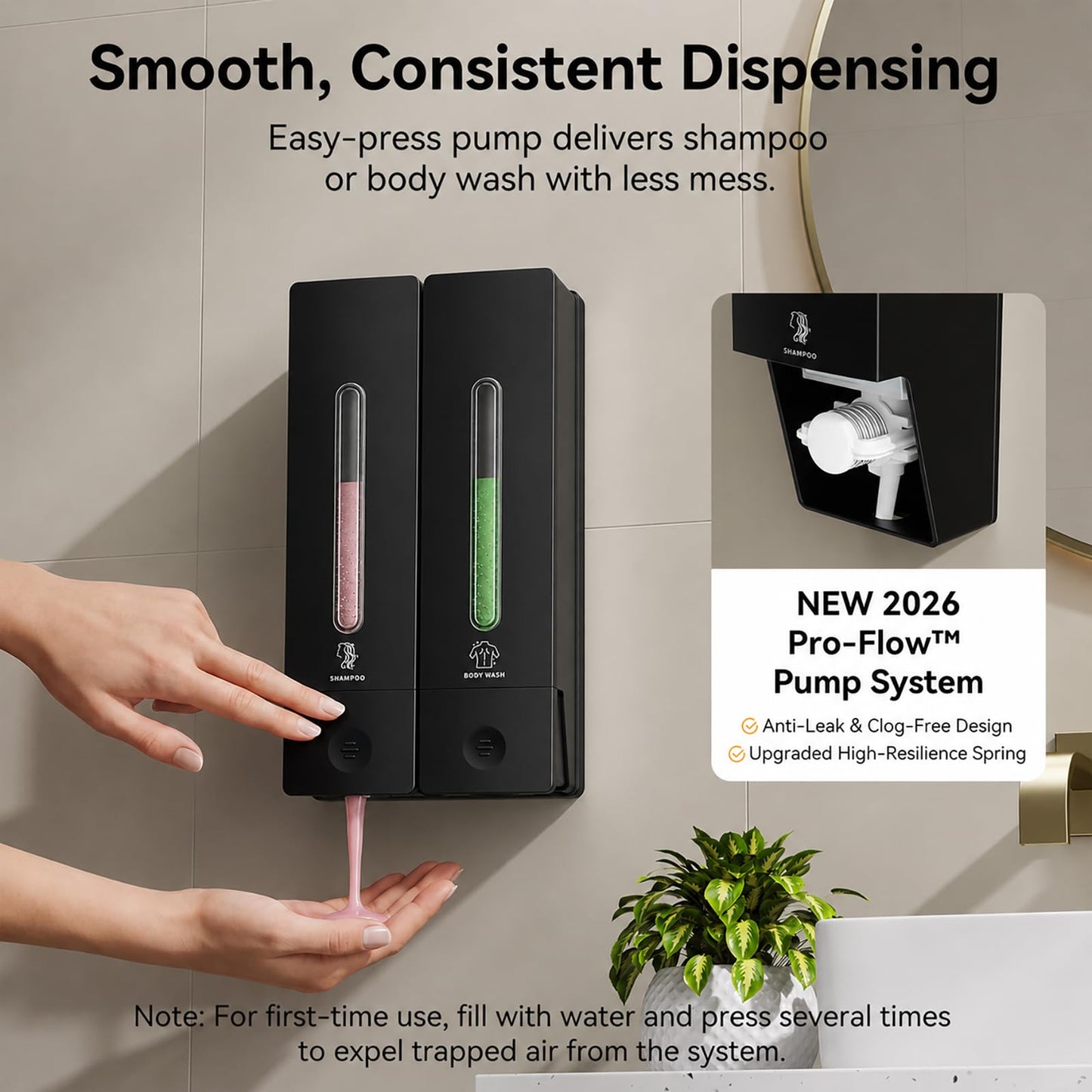 Shampoo and Conditioner Dispenser 2-Chamber Wall-Mounted Shower Soap Dispenser, No-Drill Installation, 800ML Capacity, Ideal for Bathrooms