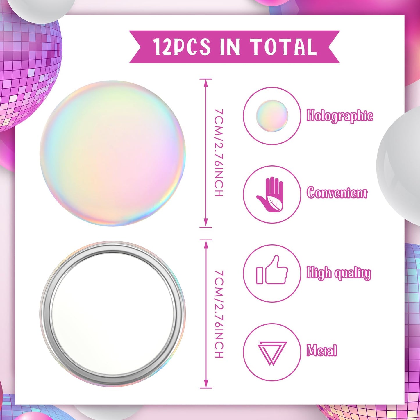 Qunclay 12 Pcs 2. 76'' Compact Mirror Bulk Gifts Mini Pocket Mirror Holographic Iridescent Small Round Makeup Glass for Purse Goody Bag Stuffers Women Teacher Girls Party Favors Travel Daily