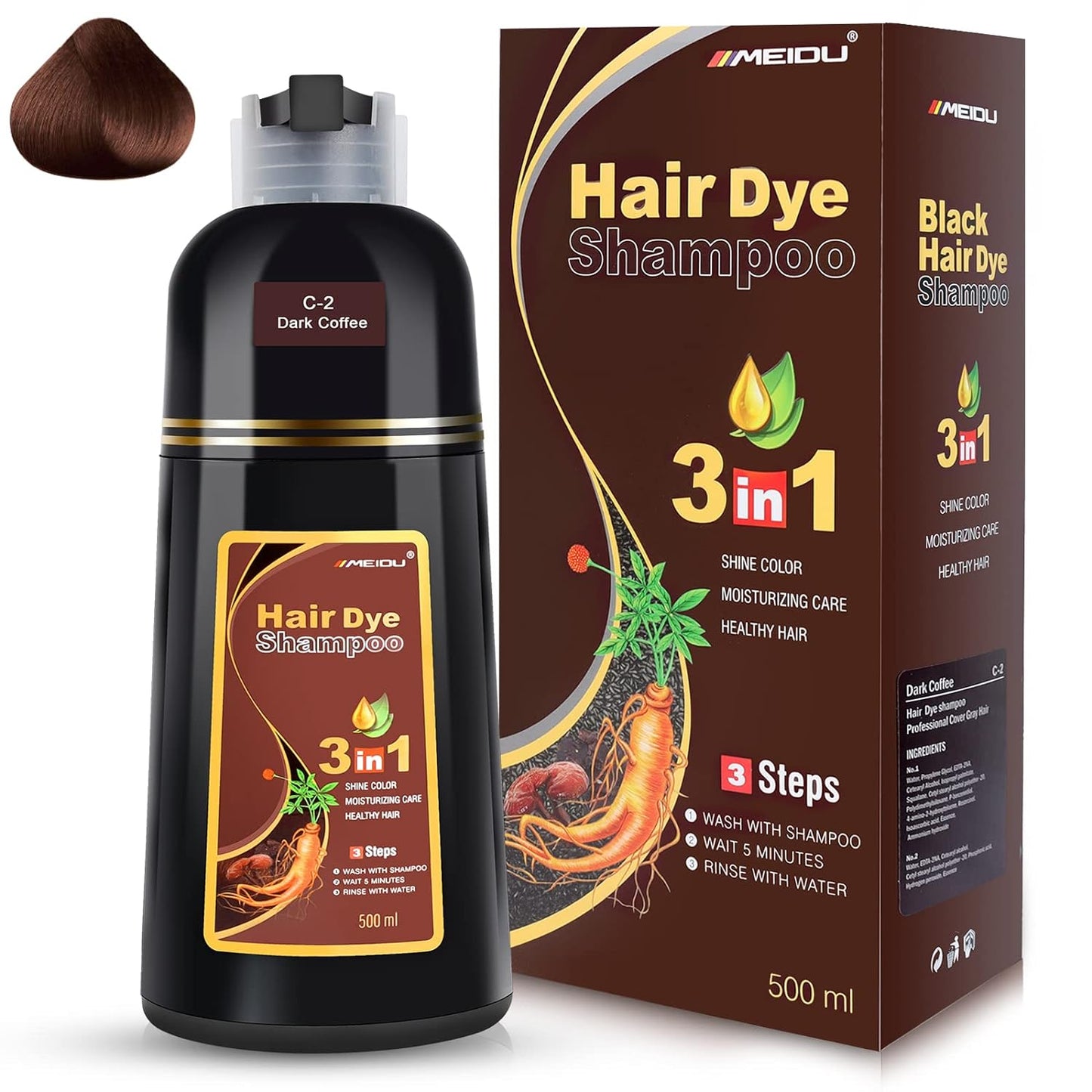 Black Hair Dye Shampoo - 3 in 1 Semi-Permanent Gray Coverage for Color-Treated Hair | 500ml