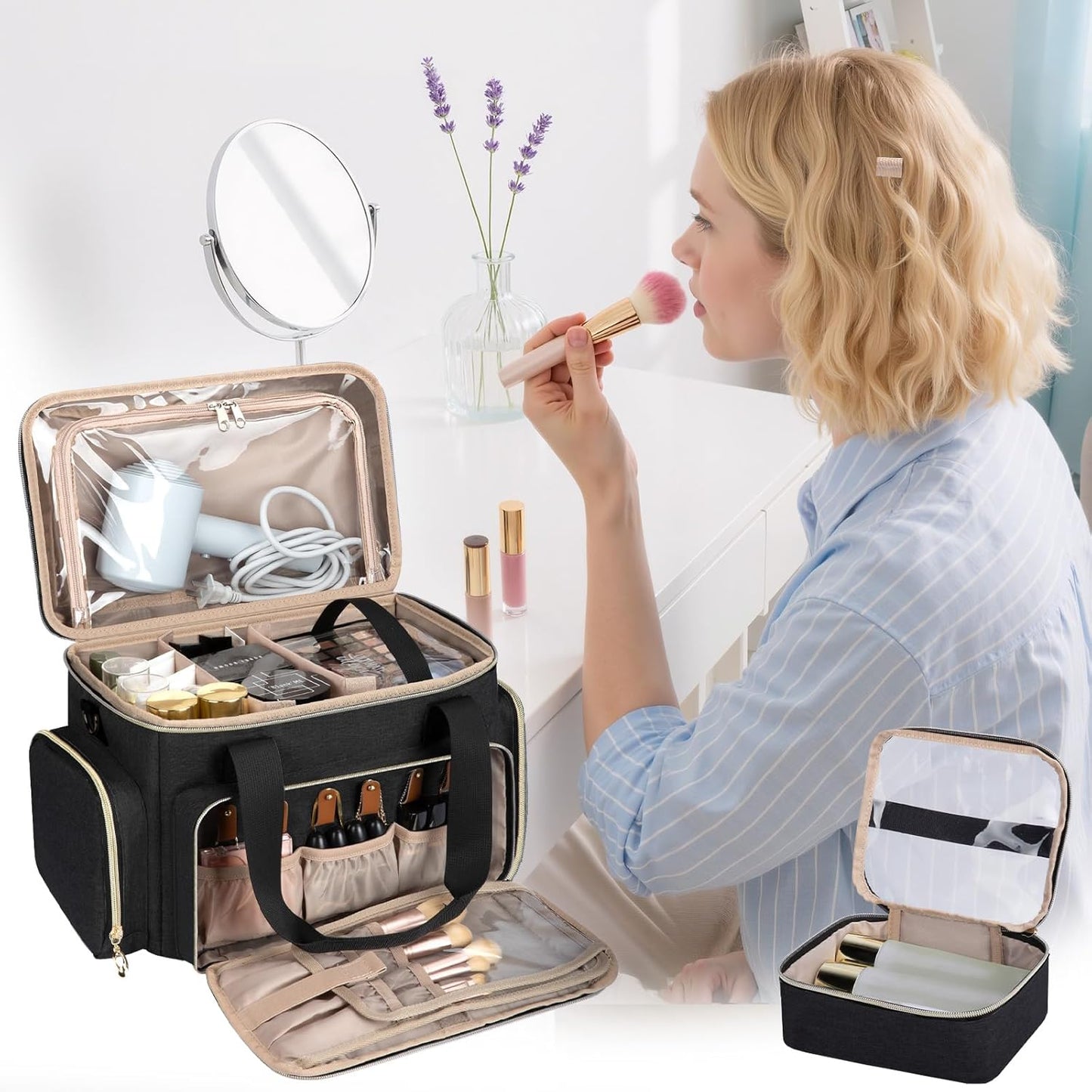 Large Makeup Bag Organizer - Portable Travel Cosmetic Case for Women | 2 Removable Pouches & Detachable Dividers - Black