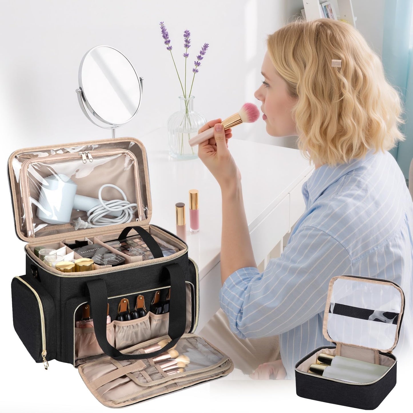 GDNasist Large Makeup Bag, Portable Travel Makeup Bag Organizer for Women Girls with 2 Removable Pouches & Detachable Dividers, Cosmetic Travel Bag, Toiletry Bag for Makeup and Hair Supplies Black