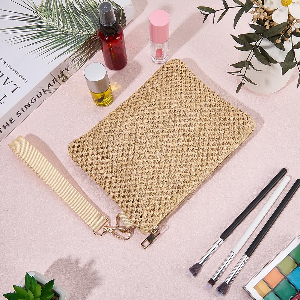 CREATCABIN Beige Straw Woven Cosmetic Pouch Bohemian Beach Straw Purses Portable Vacation Travel Storage Clutch Bags for Outdoor Camping Toiletry Makeup Tools Organiser Hawaii Zipper Handbags 8.3x6in