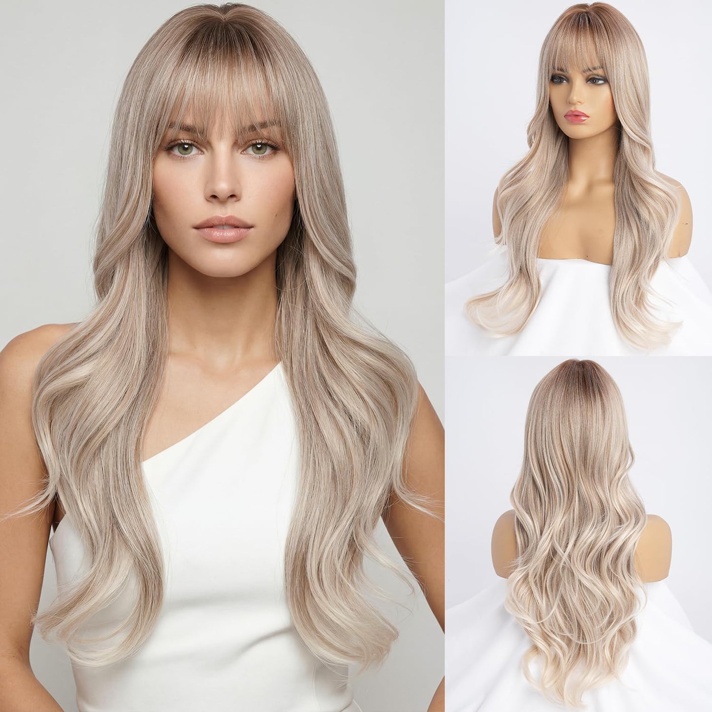 Long Black Wig with Bangs - Medium Length Wavy Layered Style | Heat Resistant Synthetic Hair (28 Inches)