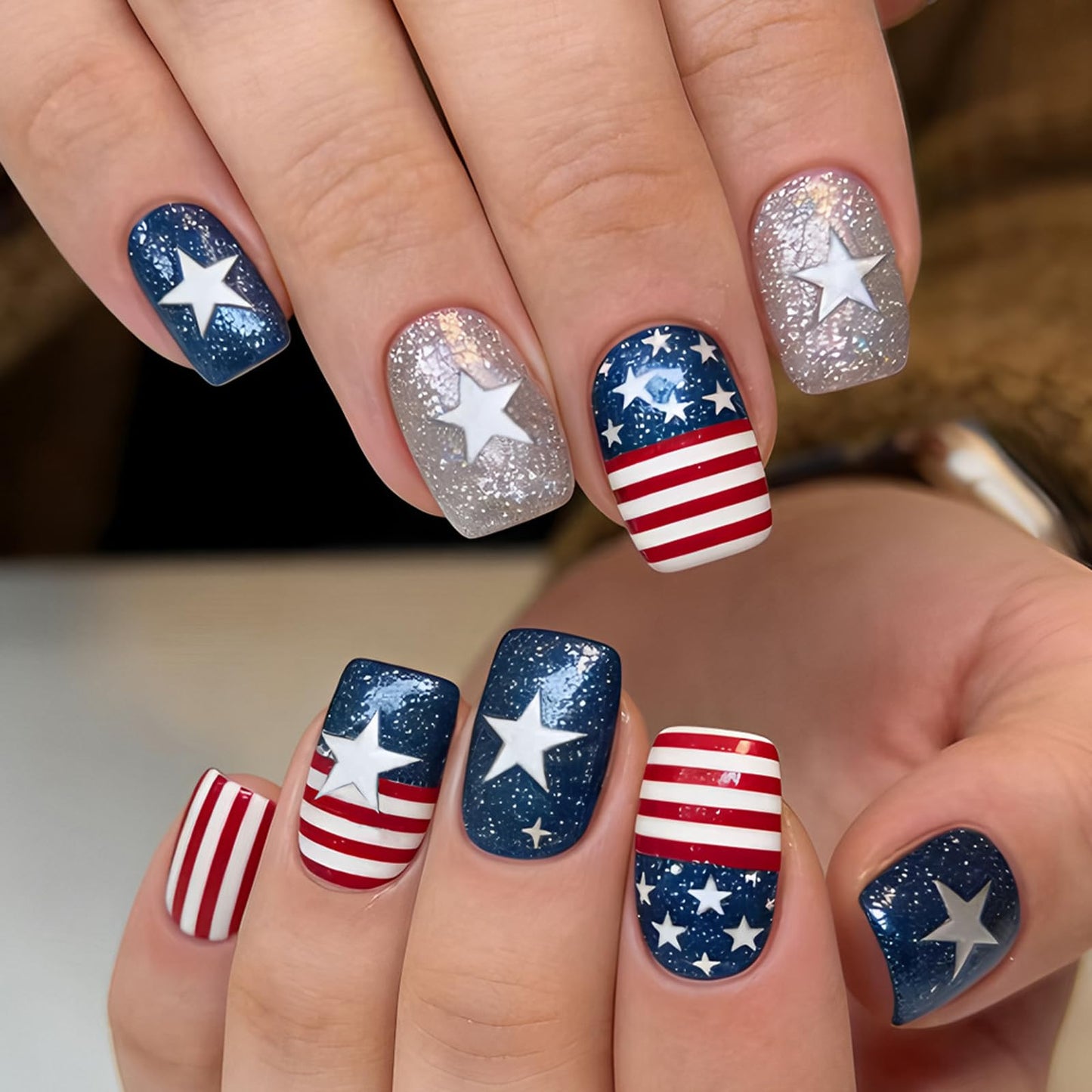 4th of July Press on Nails Medium Square Patriotic Fake Nails with Star | American flag Designs,Silver Glitter 4th of July Nails Independence Day Full Cover Stick on Nail for Women Manicure 24Pcs