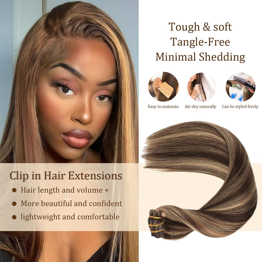 P427 Blonde Clip in Hair Extensions Real Human Hair, 16 Inch 120g/7Pcs,Full Shine Remy Human Hair,Highlight Brown Straight Clip ins Brazilian Virgin Human Hair Extensions