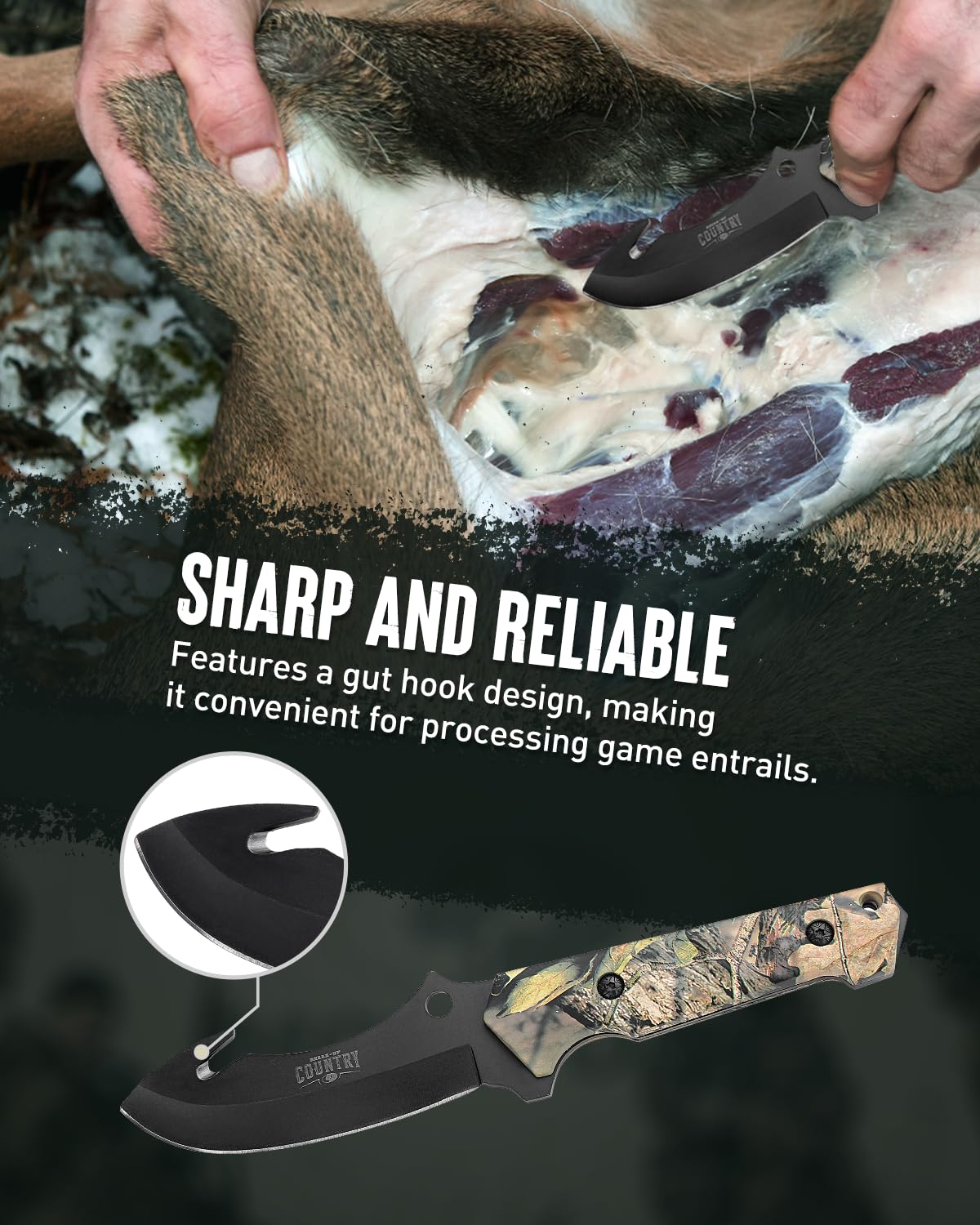 MOSSY OAK Fixed Blade Hunting Knife Set - 2 Piece, Full Tang Handle Straight Edge and Gut Hook Blades Game Processing Knife, Sheath Included