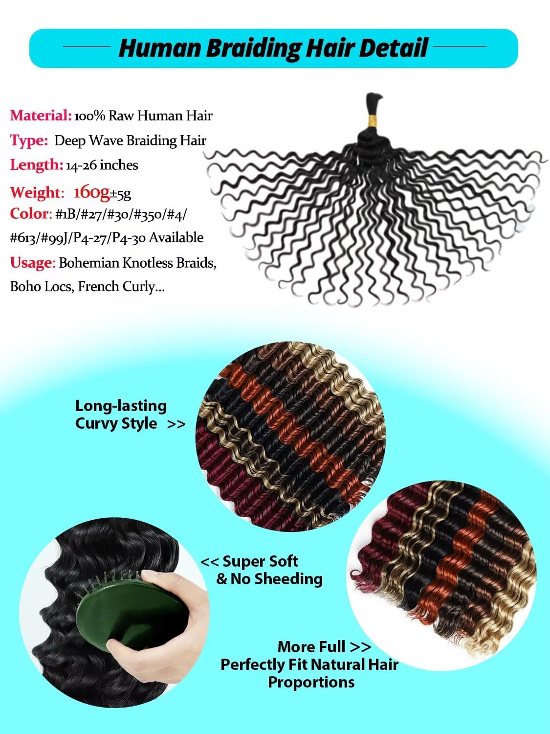 12A P4/30 Dark and Light Brown Human Braiding Hair for Boho Braids 5 Bundles 18 Inch 160g Deep Wave Braiding Hair for Bohemian Knotless Braids 100% Unprocessed Virgin Bulk Hair Extensions No Weft