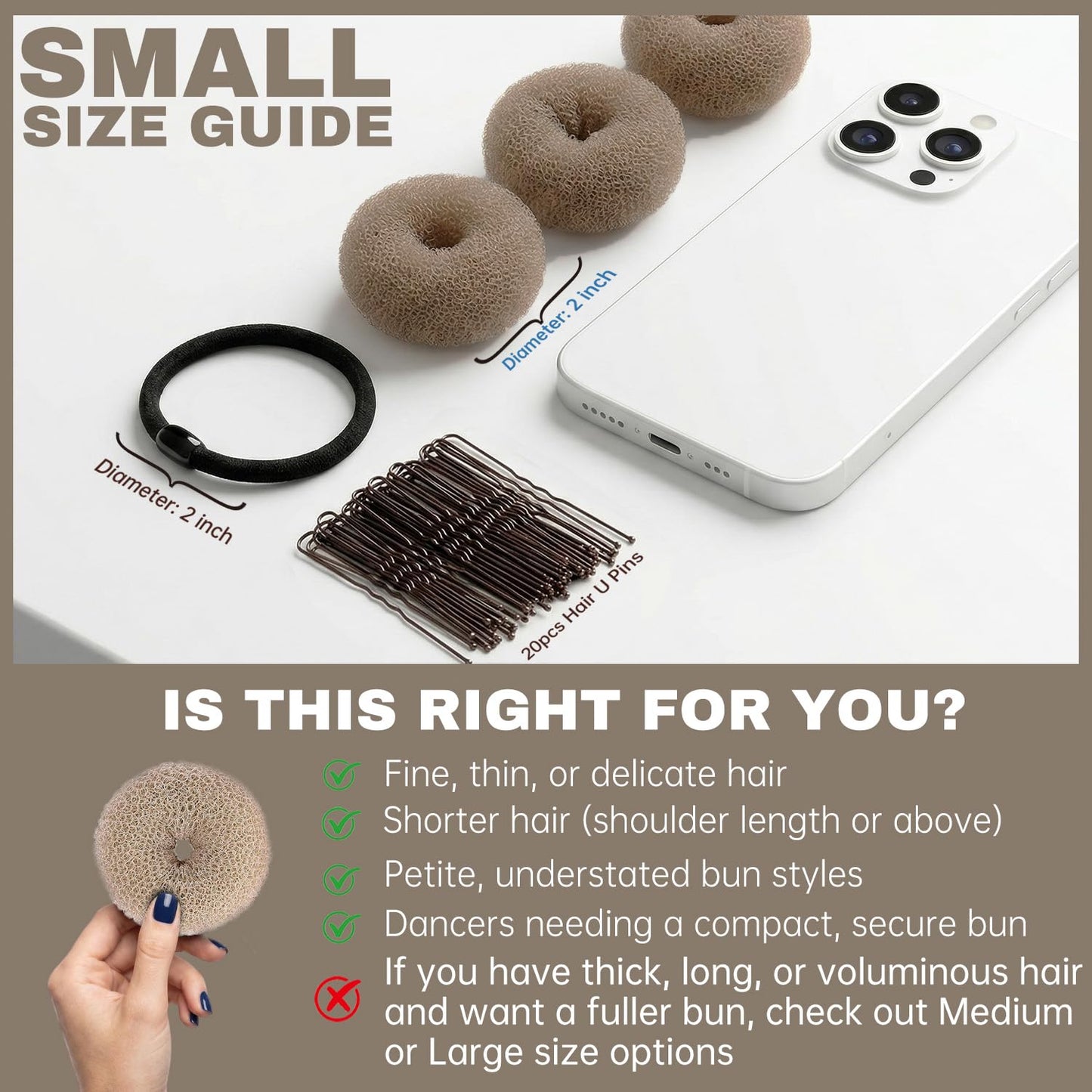 Small Hair Donut Bun Maker - 6 Pcs Set for Thin Hair | 30-Second Chignon Ring with 5 Hair Ties & 20 U Pins (Tan Brown)
