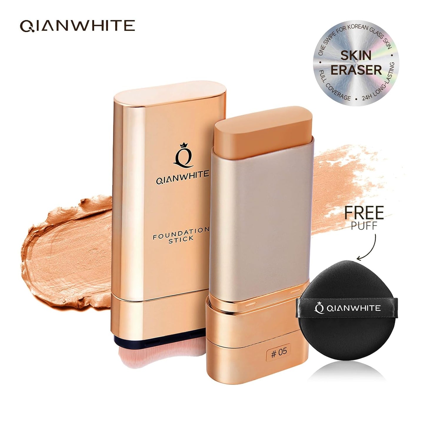 Foundation Stick for Mature Skin - Buildable Light to Full Coverage Makeup | Dual-Ended with Brush - Natural Dewy Finish (Chocolate)