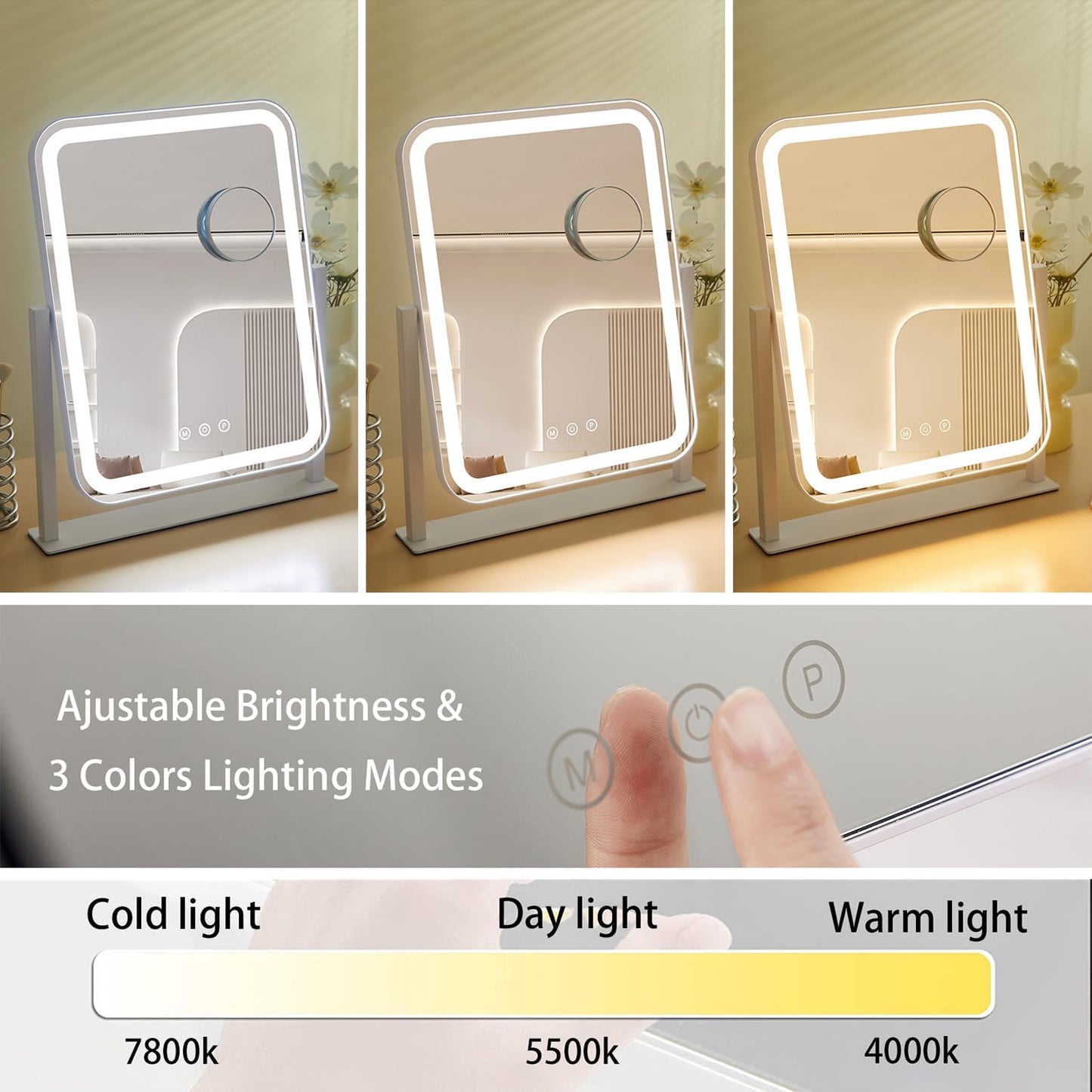 Vanity Mirror with Lights - 17.4'' x 13'' Makeup Mirror | 3 Color Modes, 5X Magnification, Smart Touch Control, 360° Rotation, White