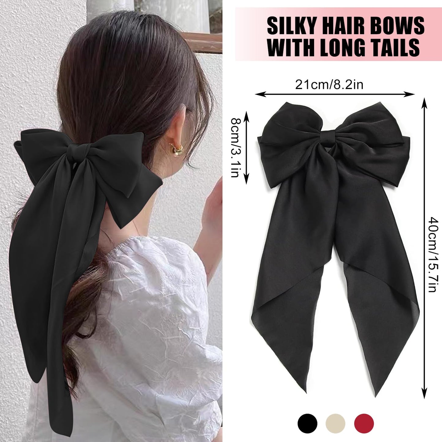 3 PCS Hair Bows for Women - Elegant Black Satin Clips for Chic Ponytails | Stylish Big Ribbons