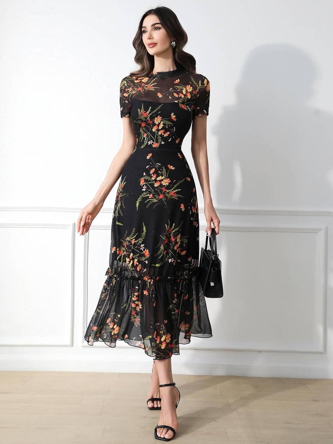 Floral Mesh Ruffle Maxi Dress for Women - Casual Summer Wedding Guest Dress | Short Sleeve, Waist-Cinched