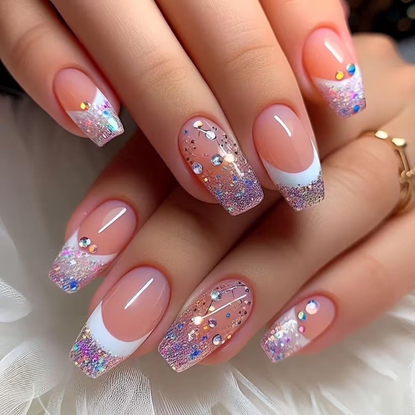 Almond Medium Press-On Nails - Blue Marble Full Cover with Gold Foil | 24 Pcs Glossy Artificial Nail Art for Women