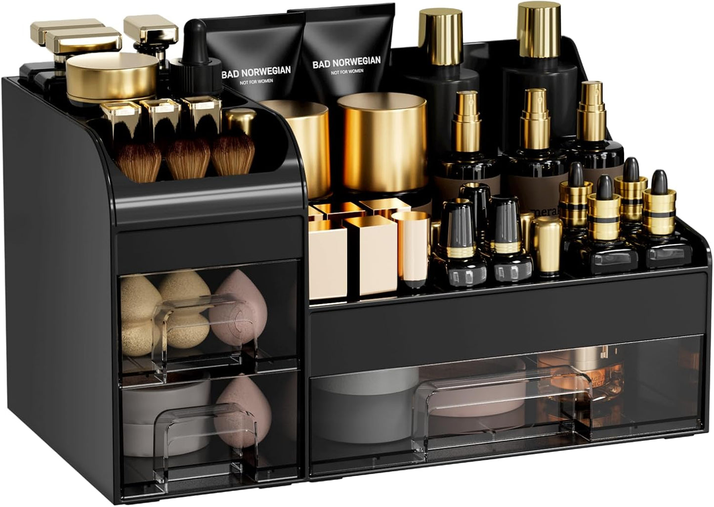 Makeup Organizer with Drawers - Large Cosmetic Storage Box | Multifunctional Skincare Display Case - White Transparent