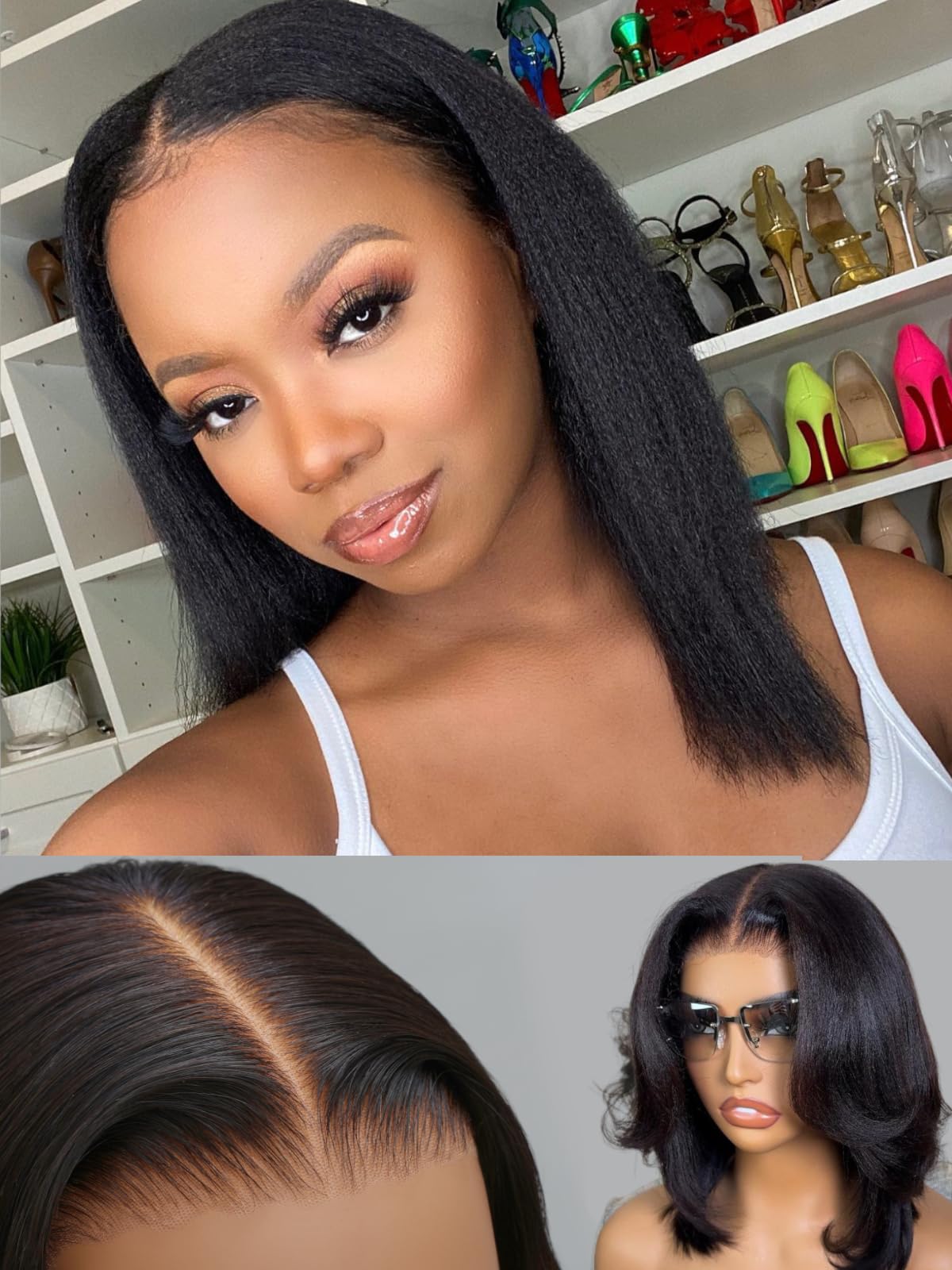 UNICE Yaki Straight Bob Human Hair Drawstring Wig Bye Bye Slip Glueless 7x5 Lace Front Wigs Human Hair Pre Plucked Pre Cut Bleached Knots Pre Everything Put On and Go Wig 12 inch