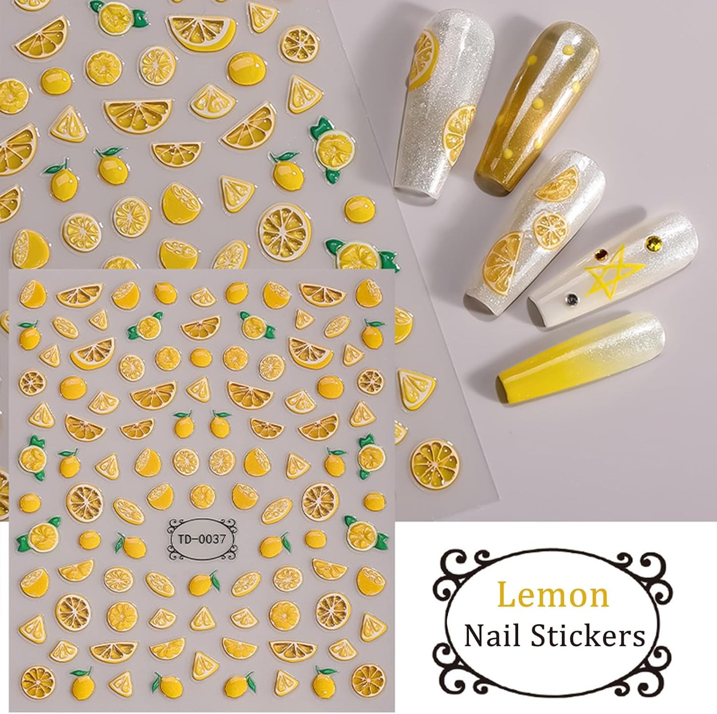 Lemon Nail Stickers - 5D Embossed Summer Fruit Slice Nail Art Decals | Cute Yellow Design for DIY Manicure
