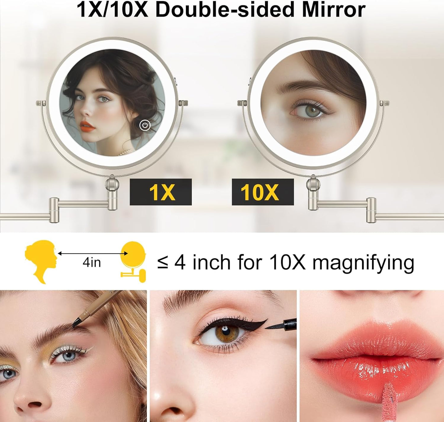 IMIKONA 9-Inch Wall Mounted Lighted Makeup Mirror - 1X/10X Magnification, 3 Color Lights, Touch Dimmable, 360° Rotation
