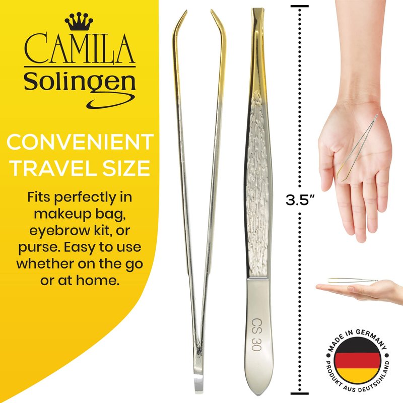 Camila Solingen CS30 3.5 Inches Gold Tipped, Surgical Grade, German Carbon Steel Tweezers (Claw) - Flawless Eyebrow and Facial Hair Shaping and Removal for Men/Women