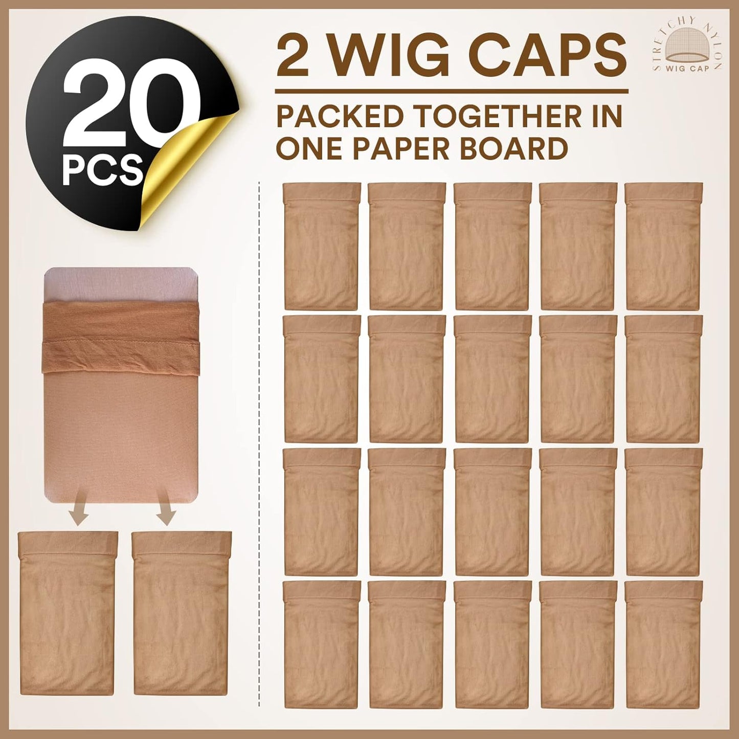 Wig Cap for Women - 20pcs Stretchy Nylon Stocking Caps in Tan Beige | Perfect for Wigs