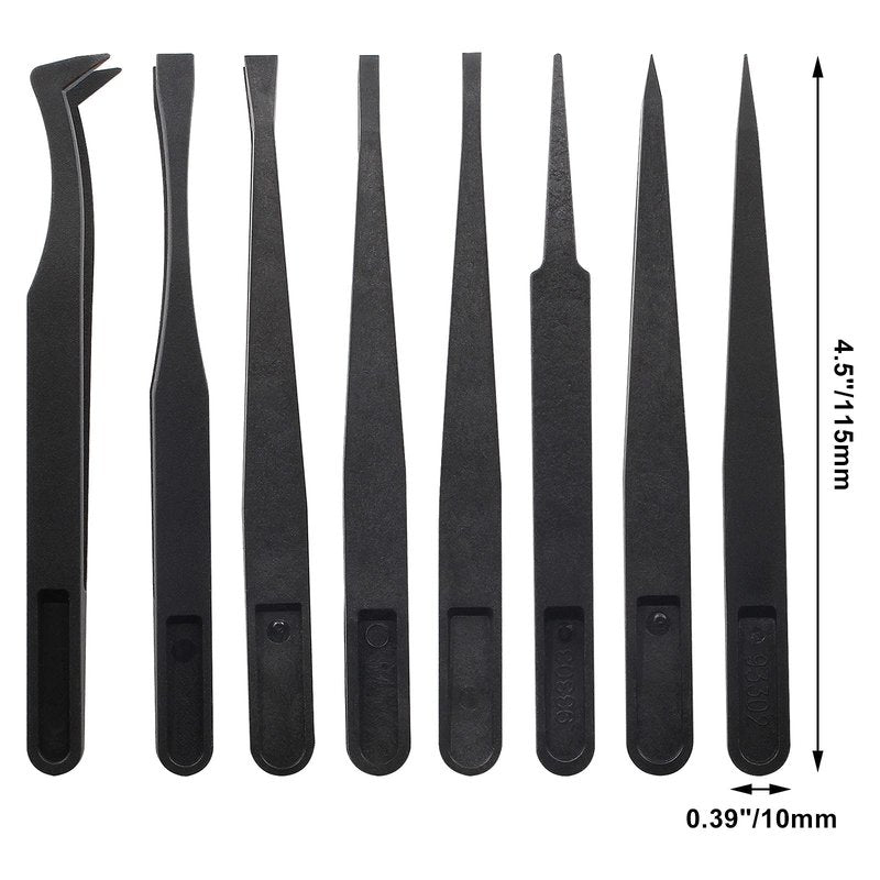 Bonsicoky 8Pcs Precision Plastic Tweezers, 4.5-4.8 Inch Anti-Static Tweezers Set with Curved and Straight Tips for Electronics Assembly, Watch Repair, Crafts Making (114-123mm, Black)