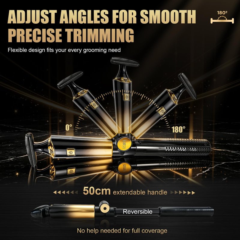 Back Shaver for Men,LED Display 5 in 1 Electric Body Groomer with Adjustable Long Handle - Rechargeable, IPX6 Waterproof Men Back Trimmer for Full Body Grooming,Gold