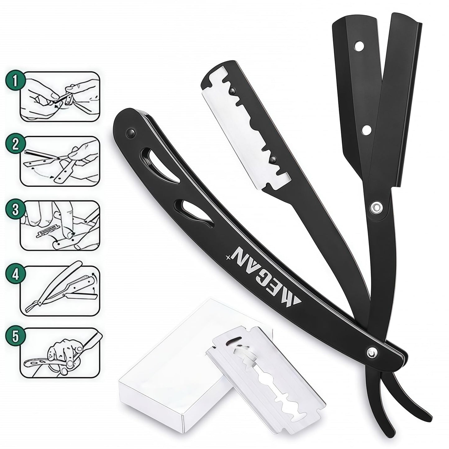 Megan beard shaping tool,5 piece set beard shaper for man - include professional straight edge razor,template guide,10 count of double edge blades,barber pencil and stainless steel scissors.