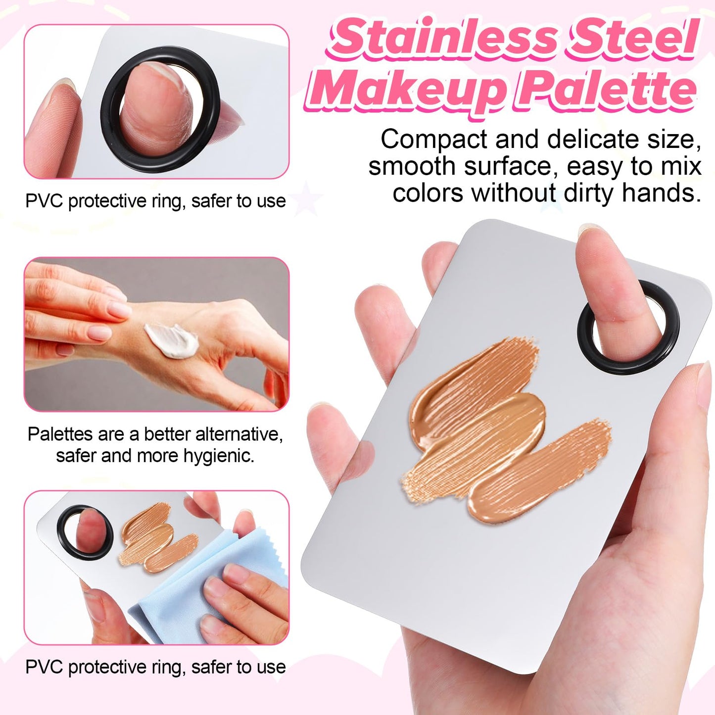 DOPENSPI Makeup Mixing Palette with 2PCS Flat Foundation Brush and Spatula and Powder Puff, Stainless Steel Makeup Palette Tray Cosmetic Palettes with Spatula Tool for Liquid Powder Cream