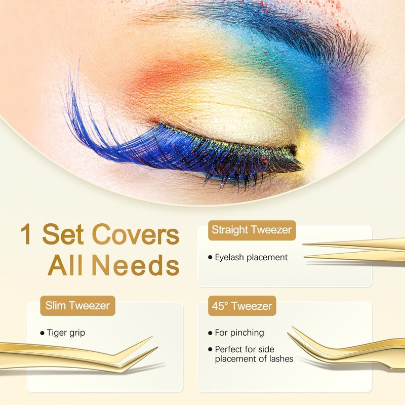 MORGLES Golden Lash Tweezers Set, 5 PCS Professional Eyelash Tweezers for Eyelash Extensions for Beginners & Lash Artists