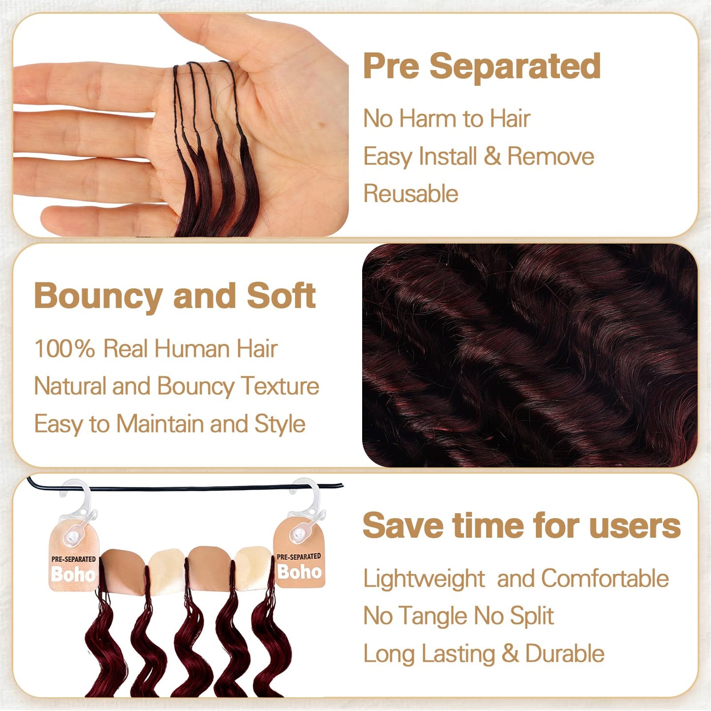 Miracle Knots Crochet Human Hair, Deep Wave Pre-Separated Crochet Hair for Black Women, Easy Install Hook Design, Invisible Natural Look,Boho Hair 14 Inch 120g(99J# Black Wine Color)