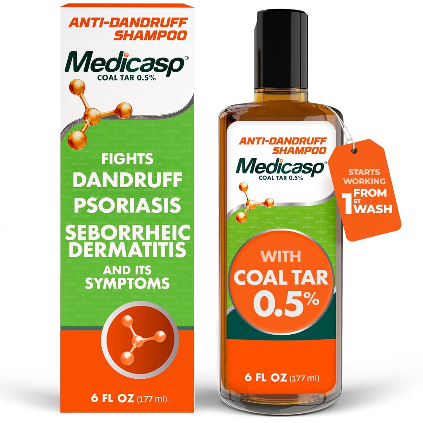 Medicasp Coal Tar Anti-Dandruff Shampoo - Relieves Itchy Scalp & Psoriasis | 6 Fl Oz